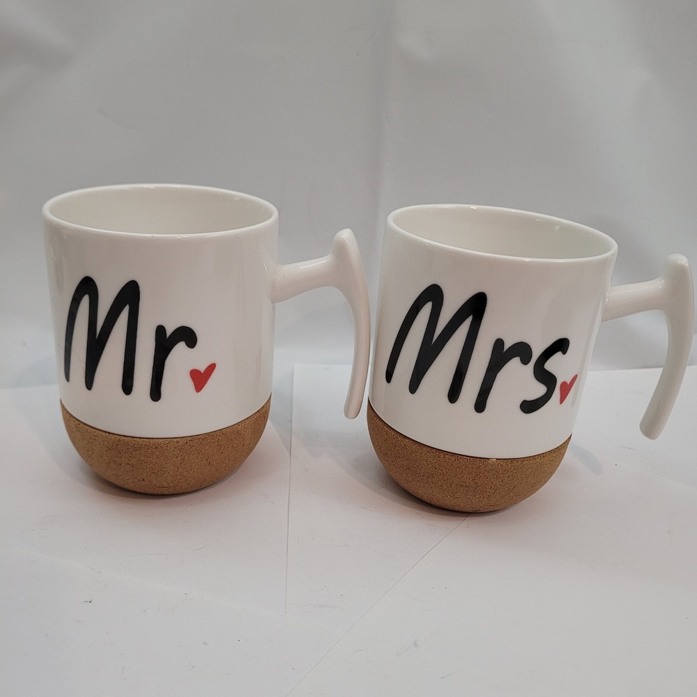 Vintage Mr and Mrs Coffee Mug Set Cork Bottom Ceramic White 2-Piece Set